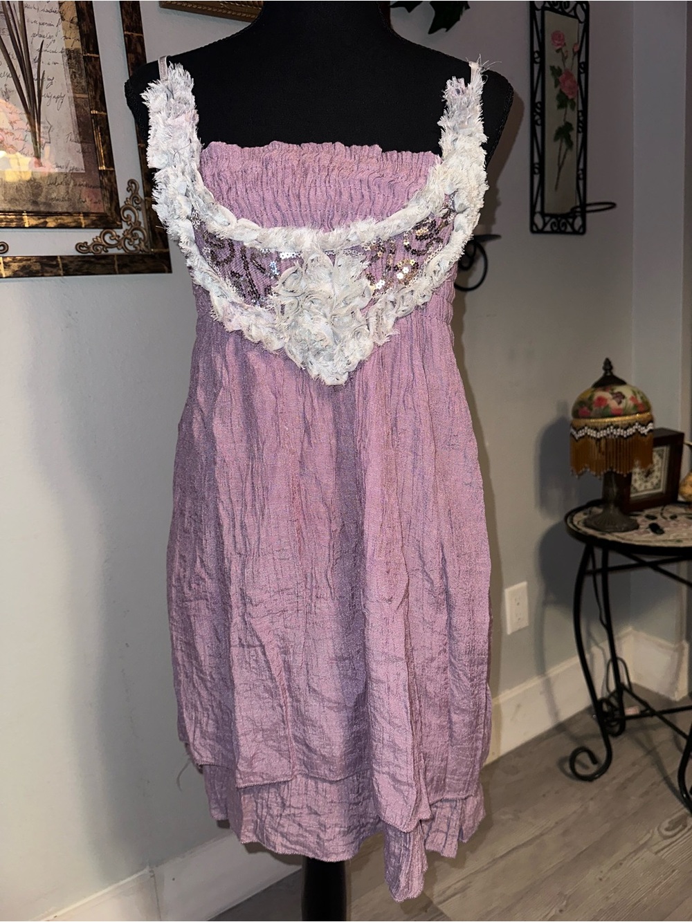 Vtg My Pretty Angel Lavender Purple Floral Babydoll sun dress, White Lace Trim M